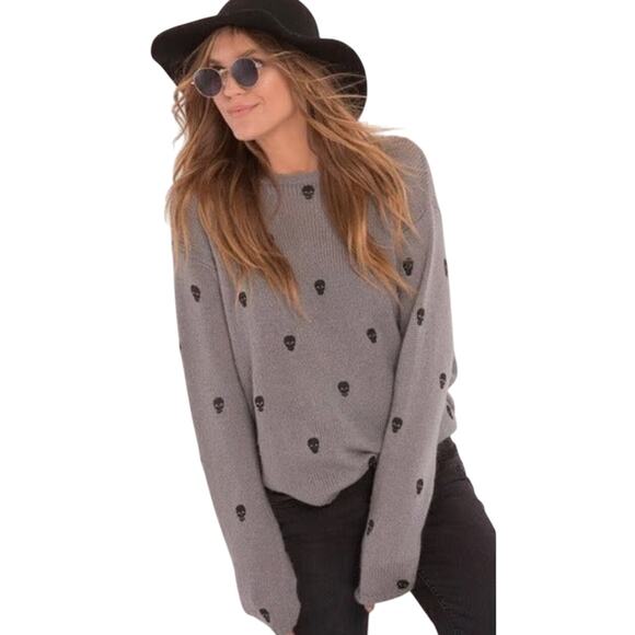 Wooden Ships Grey Black Skull Heads Boxy Open Knit Sweater Women XL Mohair Wool - Picture 1 of 13